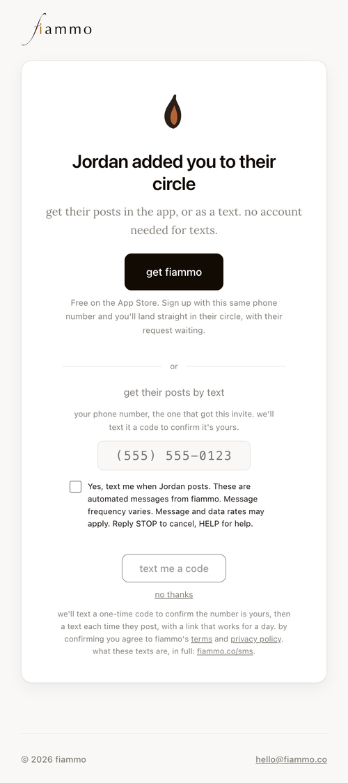 The fiammo confirmation page: Jordan added you to their circle, with a Get fiammo button and, below it, a phone number field, an unchecked consent checkbox, and a Text me a code button.
